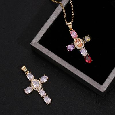 China FASHIONABLE Hot Selling Religious Jewelry 18K Gold Plated Outlet Colorful Iced Out CZ Zirconia Christian Cross Pendant Necklace For Women for sale