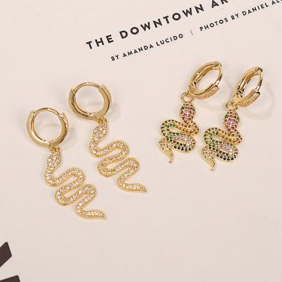 China Hot Selling TRENDY Vintage 18K Gold Plated Bling CZ Zircon Snake Design Paved Colorful Circle Huggie Earring For Women for sale