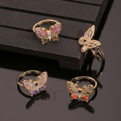 China Hot Selling Trendy Fashion 18K Gold Thick Coating Pave Color CZ Zircon Crystal Butterfly Adjustable Ring For Women for sale