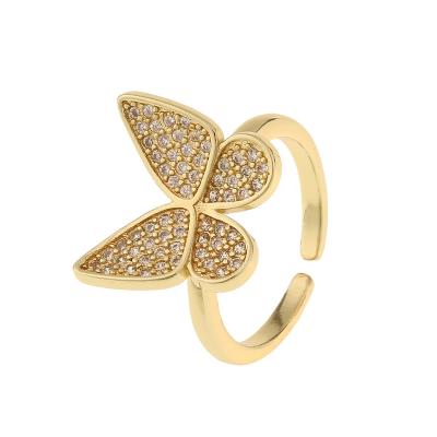 China Hot Selling Trendy Fashion 18K Gold Thick Coating Paved CZ Zircon Butterfly Open Ring For Women for sale