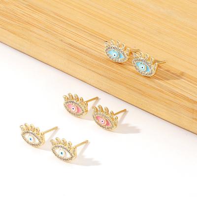 China Hot Selling Trendy Fashion 18K Gold Plated Personality Paved Zircon Enamel Blue Pink Evil Eye Stud Earring For Women for sale