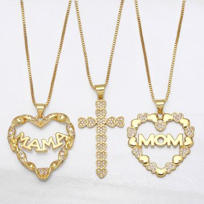 China Fashion Delicacy 14K Gold Plated Zircon Heart Shape Mum Letter Pendant Necklace Mom Mothers Day Gift for sale