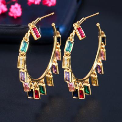 China Wholesale Luxury FASHIONABLE Jewelry 18K Gold Plated Color Rainbow Cubic Zircon Chakra 42mm Circle Tassel Earring For Women for sale