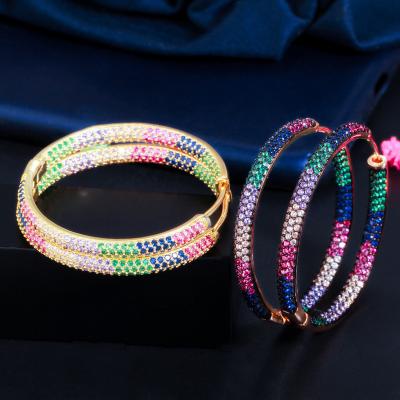 China FASHIONABLE Wholesale Luxury Fine Jewelry 18K Gold Plated Iced Out Big Big Bling Rainbow CZ Cubic Zircon 42mm Circle Earring For Women for sale