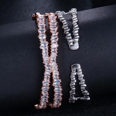 China Luxury Cubic Zirconia Punk Diamond Open Cuff Wrist Bangle Hip Hop Copper Jewelry 18K Rose Gold Plated Iced Out Cubic Zirconia For Women for sale