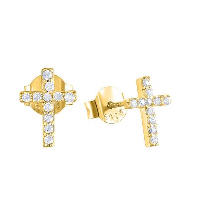 China 2022 TRENDY Classic Design Jewelry 925 Sterling Silver 18K Gold Plated Catholic Cubic Zircon Stud Cross Earring For Girl for sale