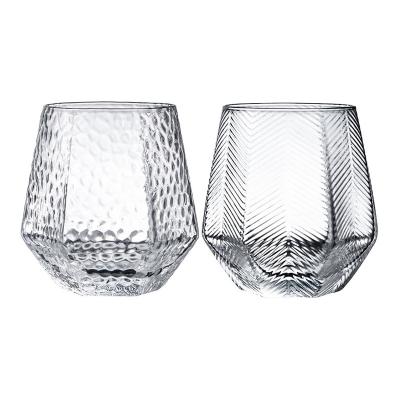 China Hexagonal Drinking Wine Water Glass Classic Hexagonal Glasses Household Diamond Hammered Stemless Drinking Wine Water Glass for sale