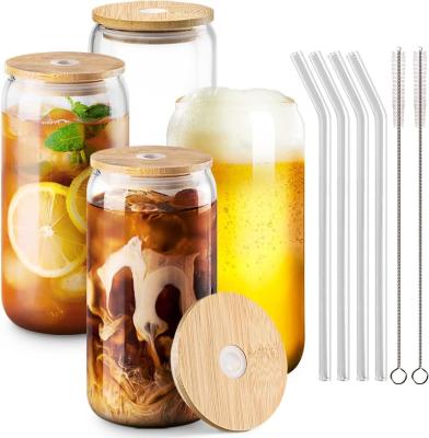 China Sustainable 12oz 16oz frosted clear sublimation blanks tumbler beer can glass jar with Bamboo Lid and Straws for sale