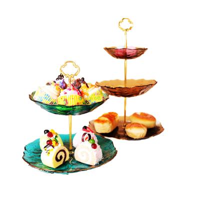 China Sustainable Glass Multi Layer Irregular Cupcake Tray Candy Dessert Platter 3 Tier Decorative Glass Tray With Gold Rim for sale