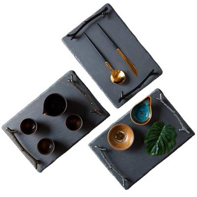 China New Design Sustainable Hotel Furnishings Black Slate Square Branch Handle Tray for sale