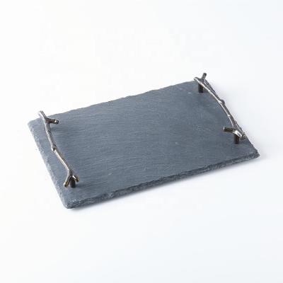 China Sustainable natural slate rectangular tray with silver branch handle for sale