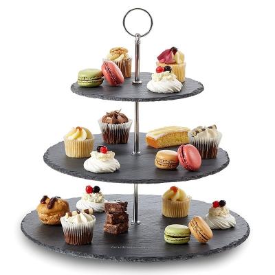 China Sustainable dessert table display stand afternoon tea cake tray three-layer slate cake stand for sale