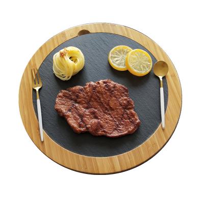 China Viable Classic Western Food Dish Bamboo Slate Stone Coffee Bread Steak Dish Pizza Round Slate Round Set Stone Tray for sale