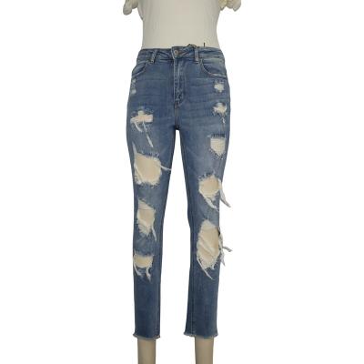 China New Arrival LXY-W048 Breathable High Quality Multi Holes Wash Women Casual Ripped Jeans for sale