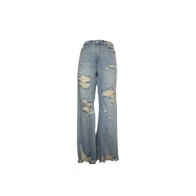 China LXY-W024 Breathable High Quality Wide Leg Women Multi Holes Jeans Casual Highwaist for sale