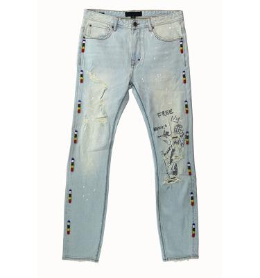 China LXY-M039 breathable wholesale custom light wash bead decorate casual trauser men jeans for sale