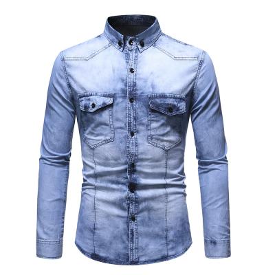 China New Arrived RTS-M018 Denim Long Sleeved Shirt Men's Fashion Trend Vintage Tie Dyed Breathable Shirt for sale