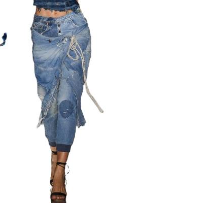 China RTS-W006 Latest Version RTS-W006 Latest Version Popular Plus Size Tie Waist Women's Ripped Ripped Jeans for sale