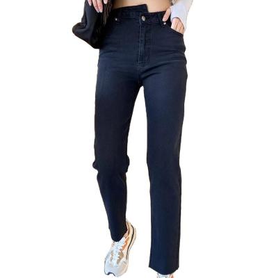 China RTS-W013 New Design RTS-W013 Edge Women Raw Jeans Cross Waist Black Breathable Straight Leg Pants for sale