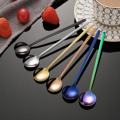 China Ice Cream Spoon 304 Stainless Steel Disposable Colorful Reusable Long Scoop Spoon for sale