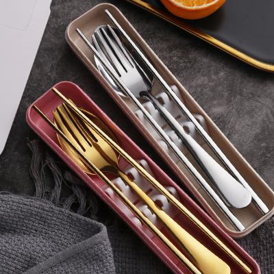 China Viable Wholesale Portable Tableware Stainless Steel Spoon Fork Chopsticks Set Colorful Desktop Utensil With Wheat Box for sale