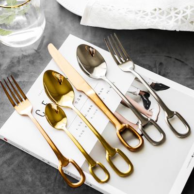 China LZ 18/10 Disposable Hotel Hanging Stainless Steel Cutlery Flatware Set With Ring for sale