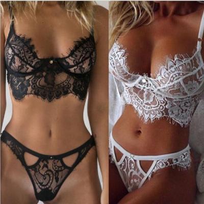 China Ladies 100% Polyester Sexy Lace Transparent Women's Underwear Love Lingerie And Panties Set for sale