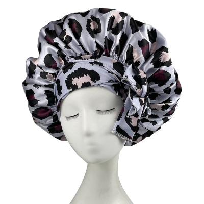 China Character Leopard Print Woman Shower Hat With Ribbon Round Hat Women Silk Hoods for sale