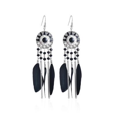 China BOHEMIA Round Sun Feather Long Earrings Vintage Tassel Bohemian Earrings for sale