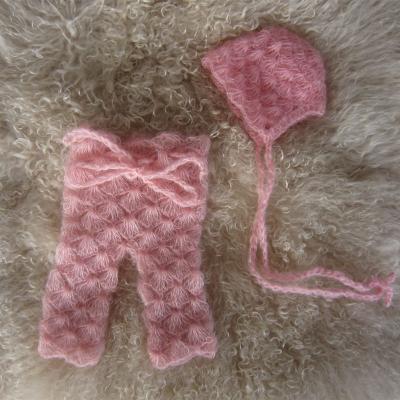 China Breathable newborn pants with hat photo props, handmade mohair crochet shell pattern pants overall hood full set, cute baby clothes dresses for sale