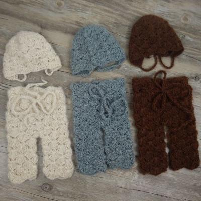 China Handmade Newborn Baby Crochet Shell Mohair Pants And Hat Set Photography Prop for sale