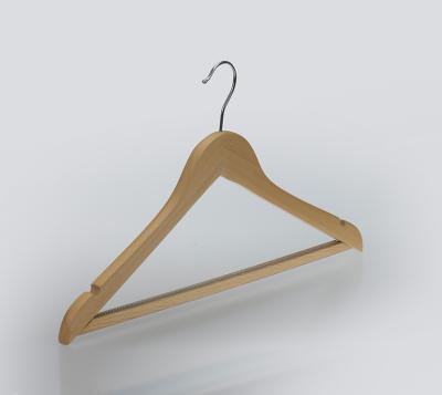 China Amazon Hot Selling Custom Wooden Hangers DISPLAY Logo Natural Color Solid Beech With Fixed Panty Bar And Gray Anti Slip Rubber for sale