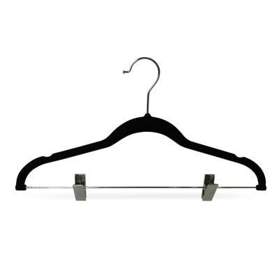 China SHOW COLOR Wholesale Black Velvet Plastic Clothing Hanger With Manufacturer Clips for sale