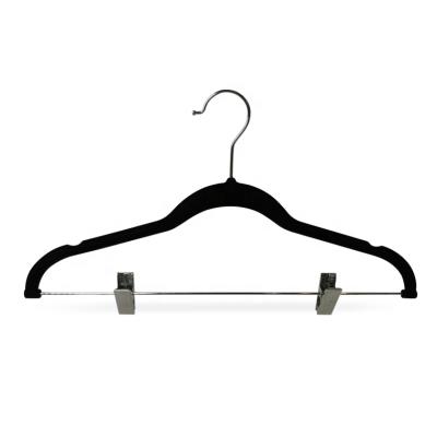 China Amazon CLASSIC Anti Slip Flocking Black Velvet Hanger With Clips for sale