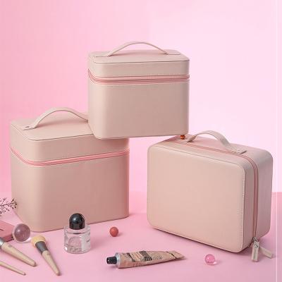 China Wholesale Reusable High Quality Pink Handle Leather Cosmetic Make Up Case Bag For Ladies for sale