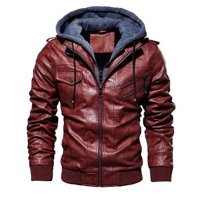 China Fashion Waterproof Men's Zipper Brown Leather Jacket PU Jaqueta De Couro Masculino Slim Hooded Coat Black for sale