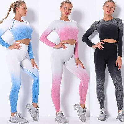 China Seamless Gradient Women Tracksuits Sportswear Sportbekleidung Sale Long Sleeve Yoga Set Two Piece Set Hot Antibacterial Fitness for sale