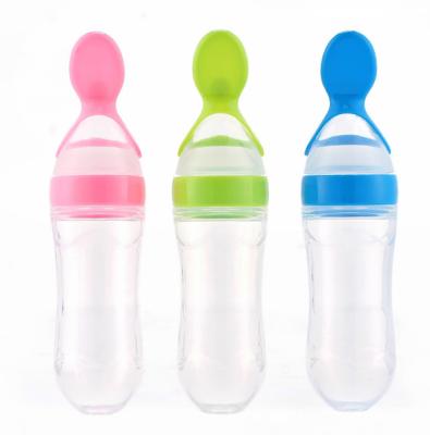 China Kids Food Rice Paste Spoon Silicone Baby Toddler Stocked Bottle with Spoon Silicone Baby Spoon Feeder for sale