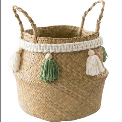 China Decorative Home Laundry Cestas Mimbre Wicker Organizers Kitchen Sustainable Woven Storage Basket Vegetable Plankton Macrame Tassels for sale