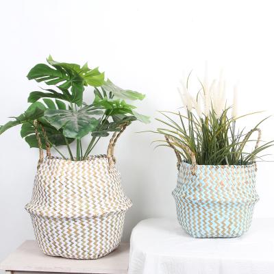 China Modern Handmade Striped Wicker Baskets Decor Storage Boho Garden Plant Nordic Folding Decorative Flower Pots (M) for sale