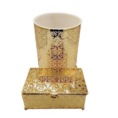 China Eco-Freindly Waste Bins Manufacturers Golden Metal Waste Bin Metal Waste Square Tissue Box Set for sale