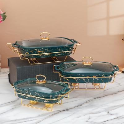 China Restaurant Amazon Hot Sale Bakeware Buffet Food Warmer Ceramic Gold Chafing Dish Buffet Set For Catering for sale