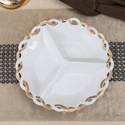 China Sustainable Hot Selling Round Fruit Plates Shape 3 Compartment Ceramic Fruit Tray Porcelain plate For Restaurant for sale