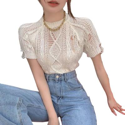 China Anti-wrinkle WOMAN round neck crop top with cable knit open knit top for sale