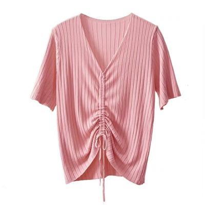 China Anti-wrinkle woman belted knit crop top striped sweater tied knit top for sale