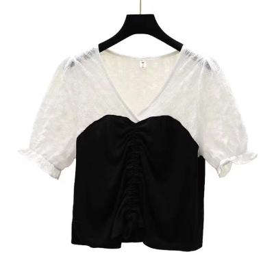 China Anti-wrinkle woman knit top contrasting sweater with chiffon sleeves crop top for sale