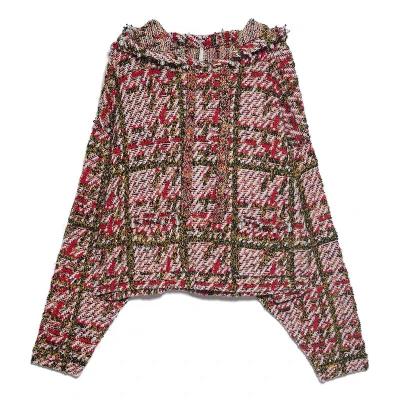 China Anti-shrink tweed hoodie with tassel wool-blend sweater plaid knit pullover for sale