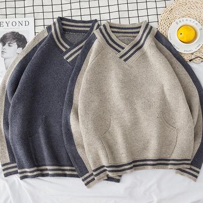 China OEM and ODM anti-shrink custom knit 2019 hot sale latest design v neck logo stripe jacquard pullover sweater men for sale