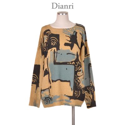 China Wonderful Custom Printed Anti Shrink Illustration Color Blocking Loose Pullover Women Knit Sweater for sale