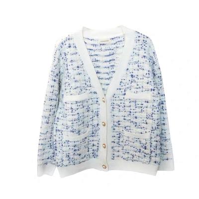 China Anti-shrink tweed plaid knit cardigan pearl buttons jacquard chunky-knit wool cardigan for sale